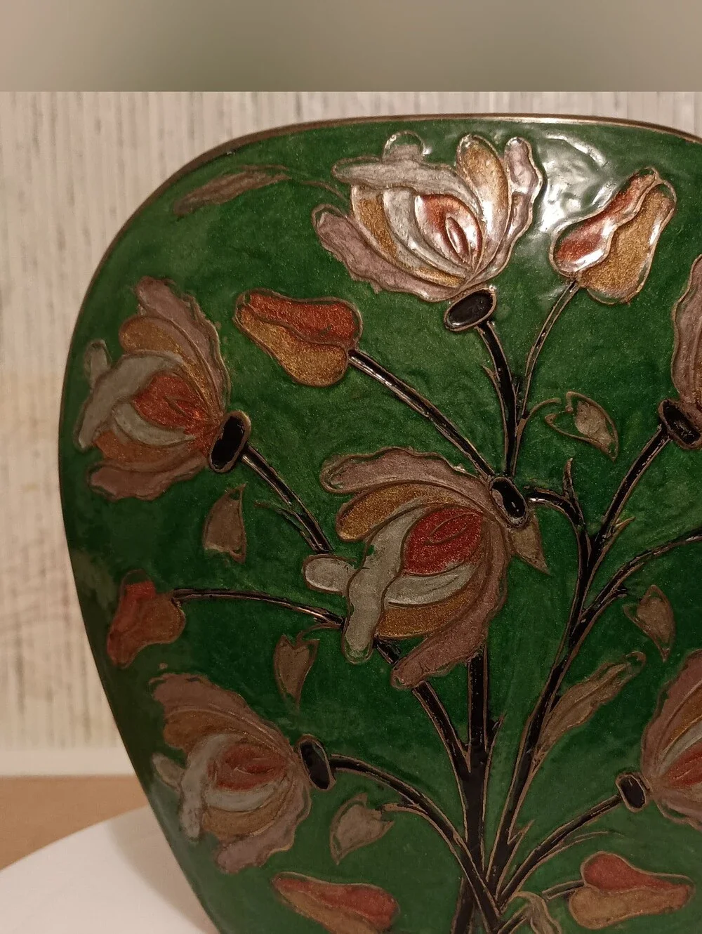 Vintage Indian Brass Enamel Floral Vase Green
